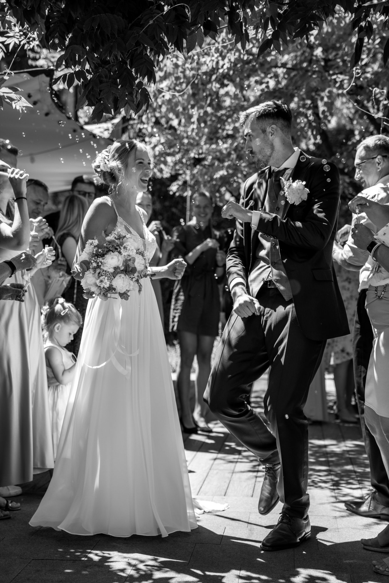 Black and white photo couple celebrating wedding Czech Republic