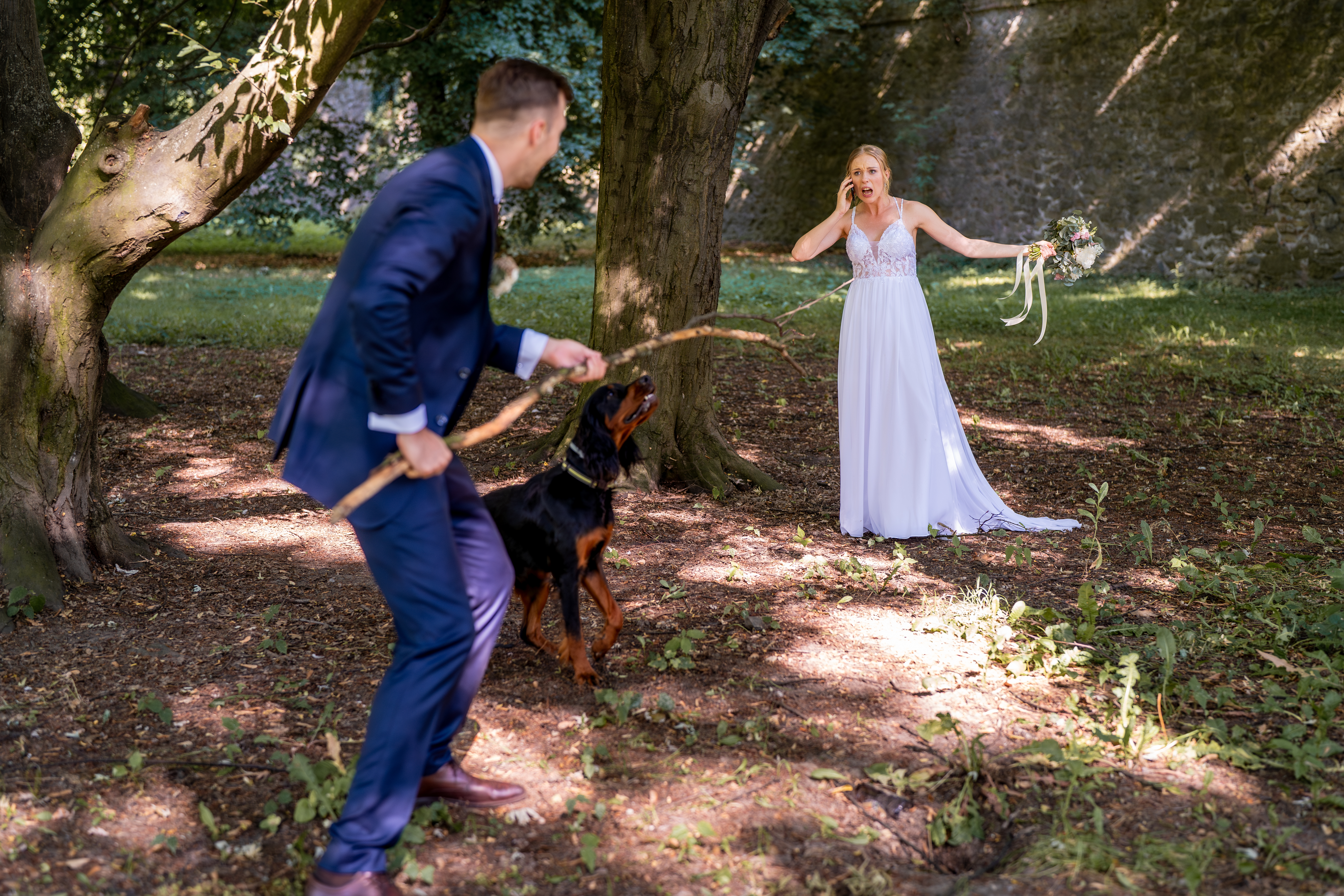 Joyful chaos with dog at outdoor Czech wedding ceremony